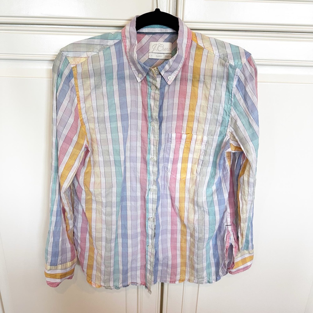 J.Crew Women’s Classic Fit  Pastel Rainbow Crinkle Gingham Button Front Gauzy - Picture 3 of 12